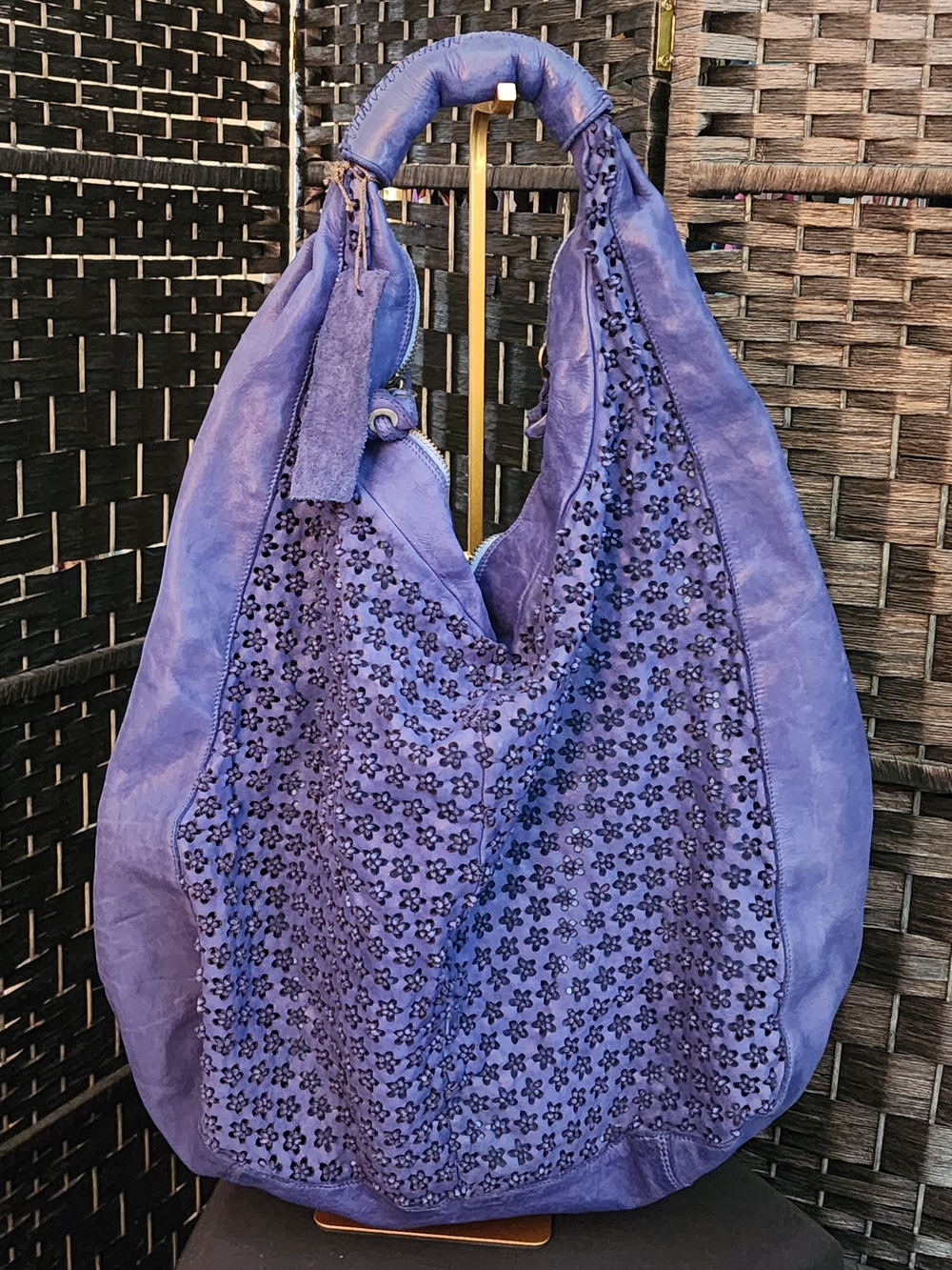 Errelleventdue Colbalt Blue Floral Embellished Hobo Bag - Soft Slouchy Carryall